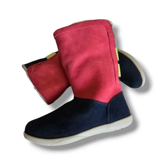 CROCS Women's Adela Foldover Fuzz Suede Booties Pink Poppy/Yellow Stucco/Navy - Picture 2 of 16